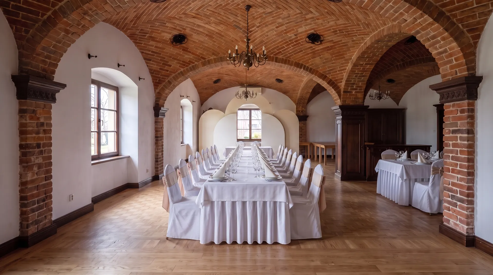 Sala z ustawioną łukową ścianką dekoracyjną za stołem głównym